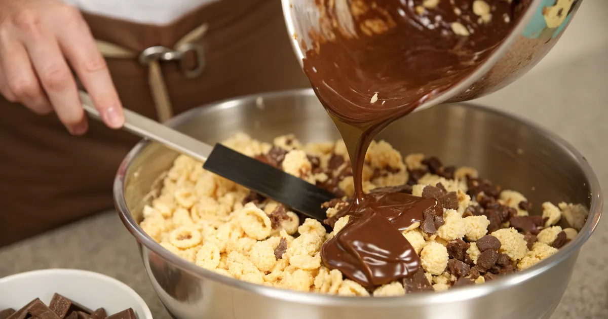 Melted chocolate being poured over rice cereal and gently mixed