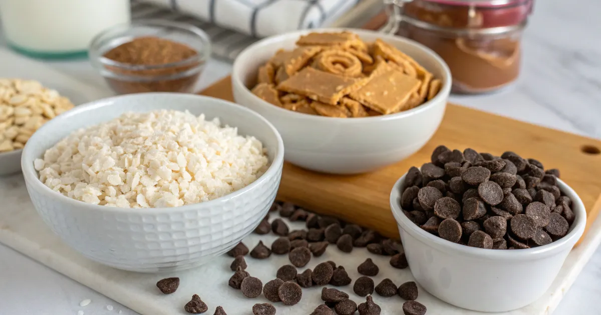 Close-up of rice cereal, chocolate chips, and peanut butter on a countertop