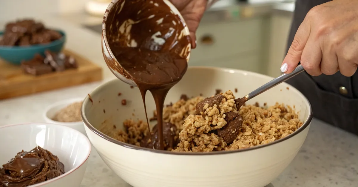 Hands mixing chocolate-coated rice cereal in a large bowl with melted chocolate dripping
