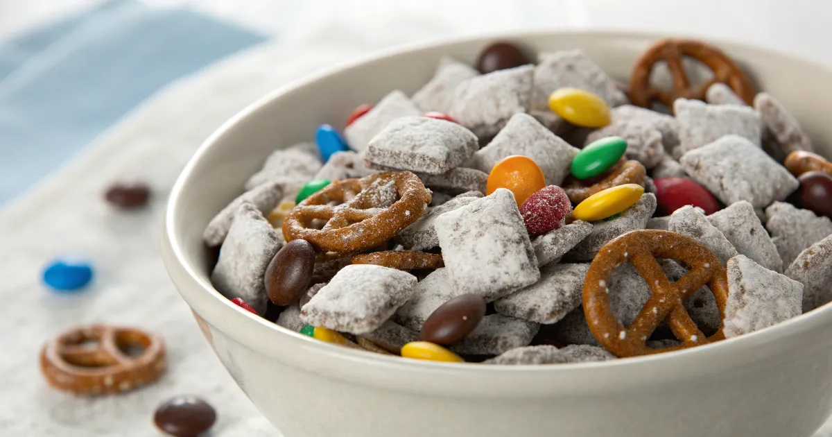 Close-up shot of a bowl of Muddy Buddies dusted with powdered sugar and garnished with mix-ins