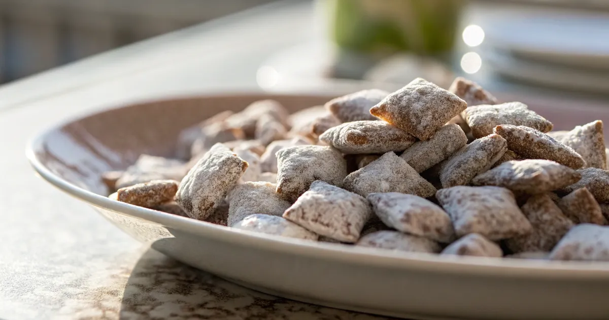 A close-up of Muddy Buddies plated with vibrant natural lighting and soft shadows, highlighting its texture and delicate garnishes