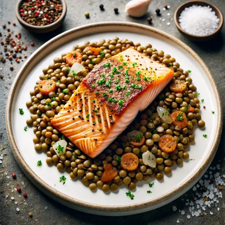 Puy lentils with seared salmon