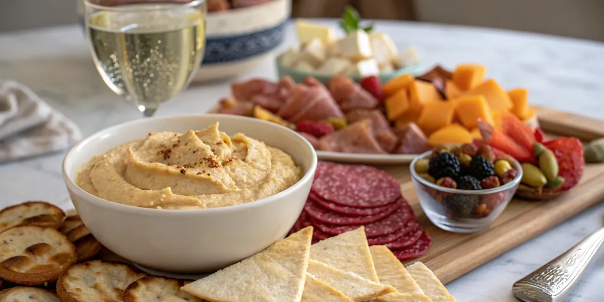 Charcuterie Pairings Hummus and pita chips served alongside a charcuterie board