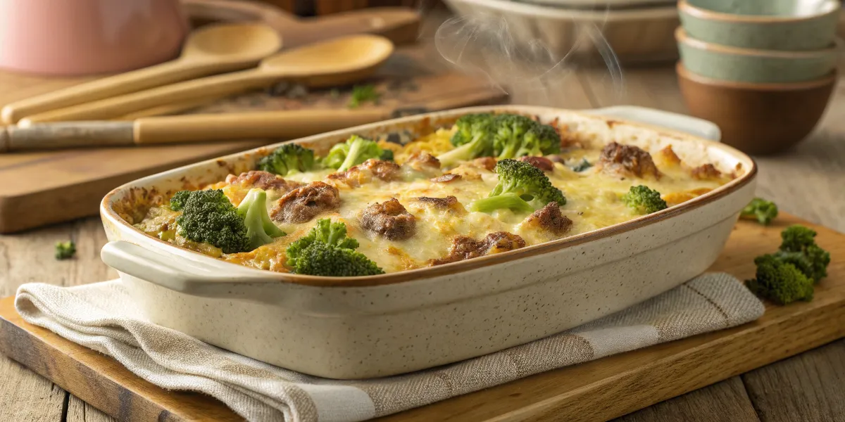 Golden, bubbly cheesy sausage and rice casserole topped with melted cheddar, crumbled sausage, and vibrant broccoli, served fresh in a rustic baking dish on a wooden kitchen table