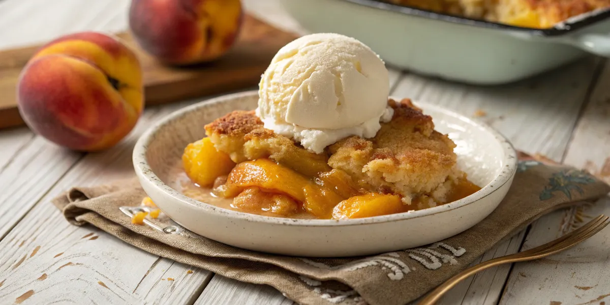 Close-up of peach dessert cobbler with vanilla ice cream on a ceramic plate