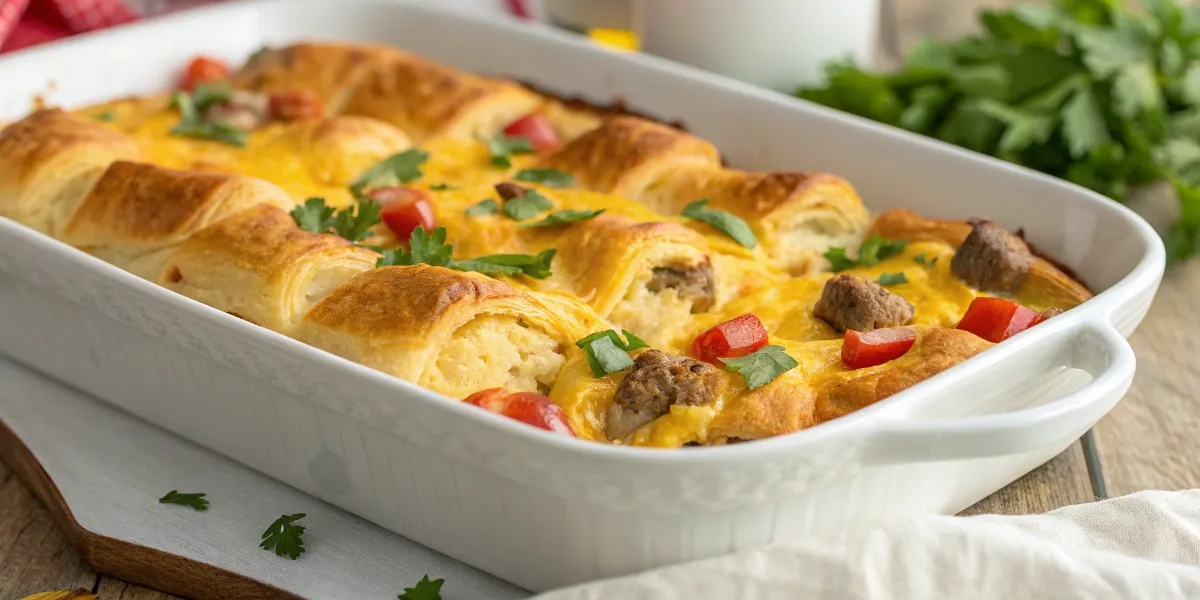 Crescent Roll Breakfast Casserole Savory crescent roll breakfast casserole with eggs and sausage.