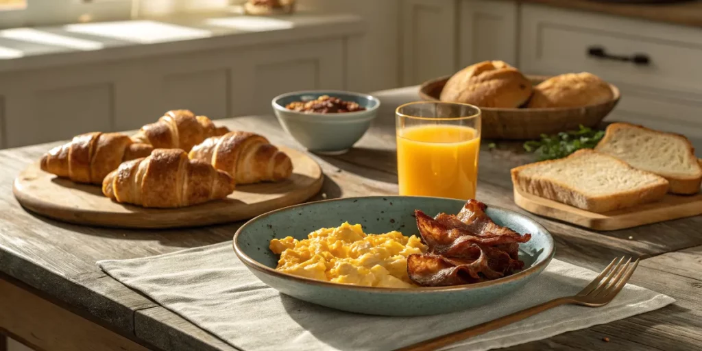 A table set with crescent roll breakfast recipes, eggs, and bacon.