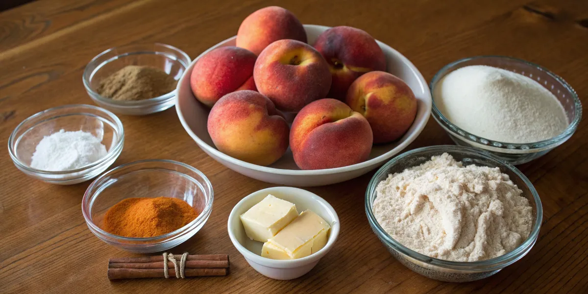 Ingredients for making peach cobbler displayed on a table