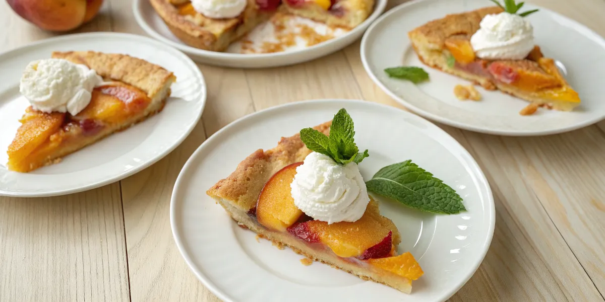 Peach cobbler servings on plates with whipped cream