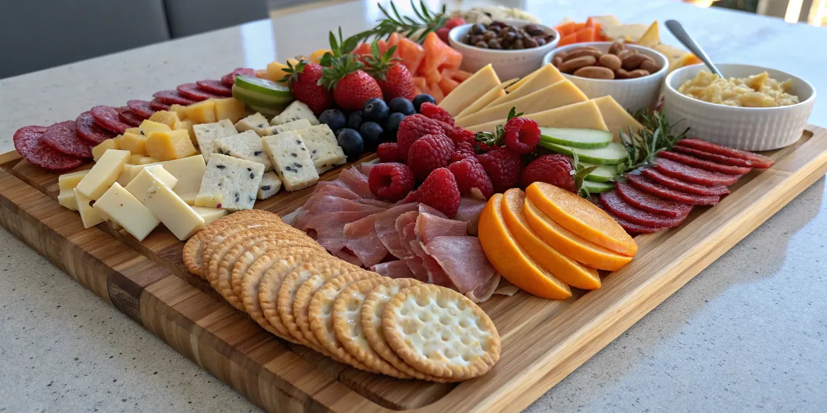 A charcuterie board featuring meats, cheeses, crackers, and fresh fruits.