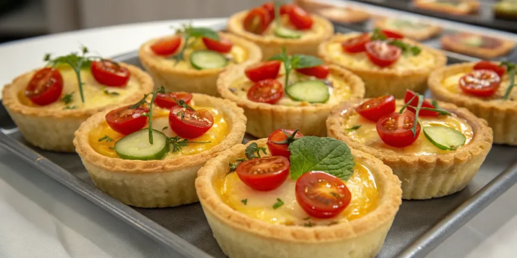 Mini puff pastry quiches on a serving tray.