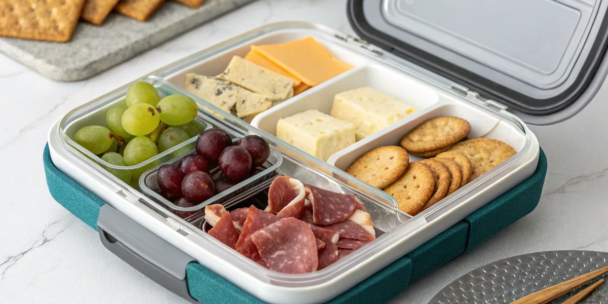 Portable Charcuterie Lunchbox A charcuterie lunchbox with meats, cheeses, and fruits.