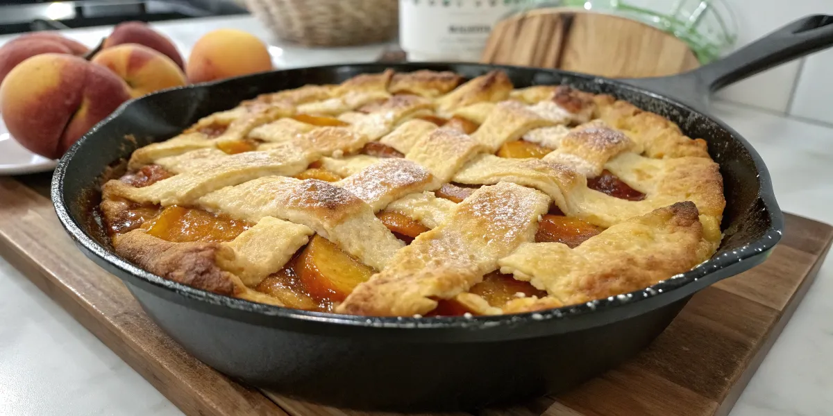 Freshly baked peach cobbler in a cast-iron skillet