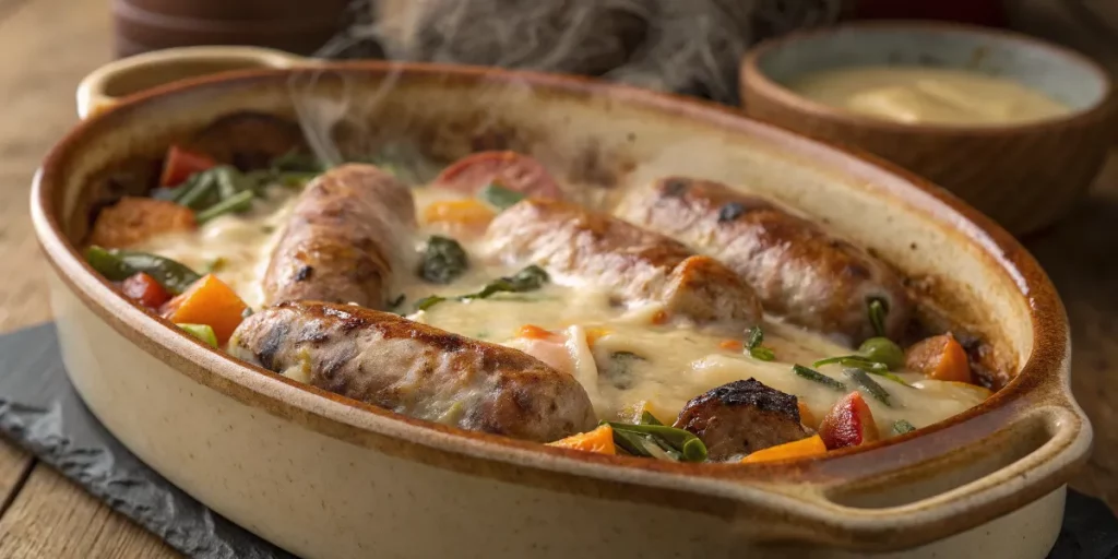 A bubbling sausage casserole topped with golden cheese