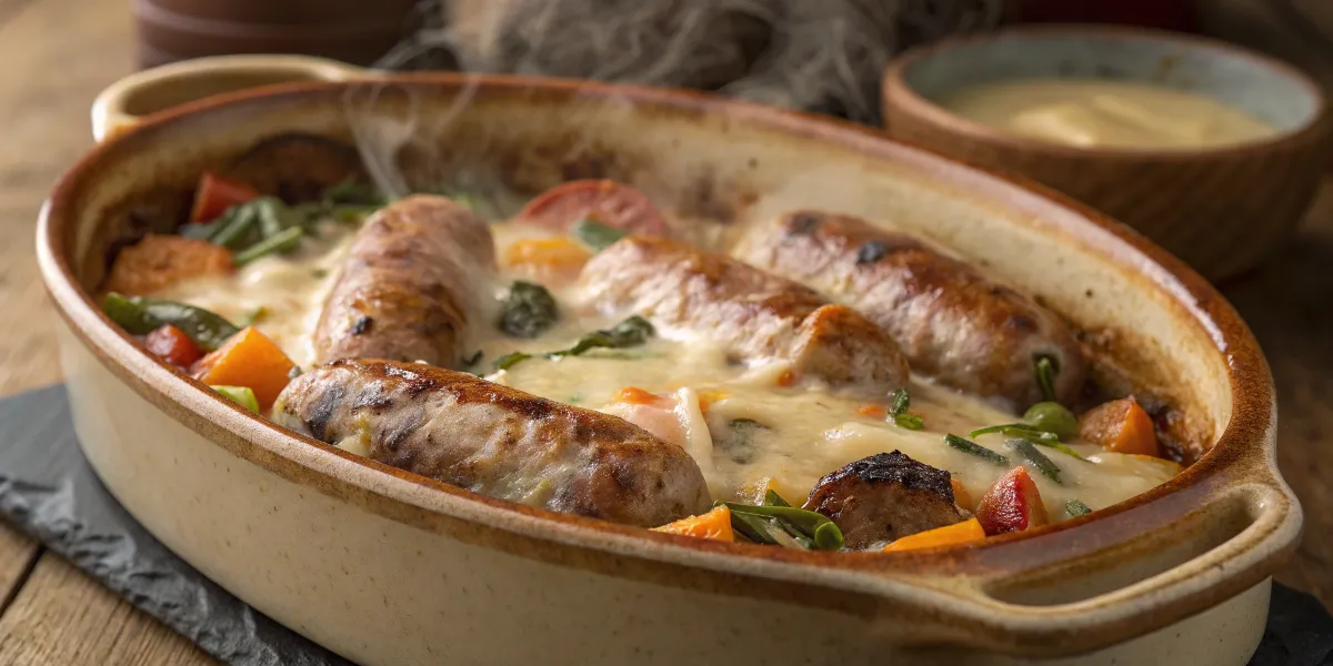 A bubbling sausage casserole topped with golden cheese