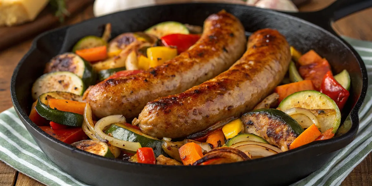 Ground sausage skillet with roasted vegetables, caramelized onions, and a savory garlic butter glaze, served hot in a cast-iron pan with a rustic kitchen background