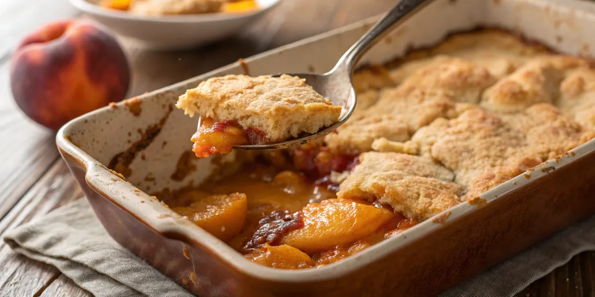 A spoonful of peach dessert cobbler revealing its golden crust and juicy peach filling