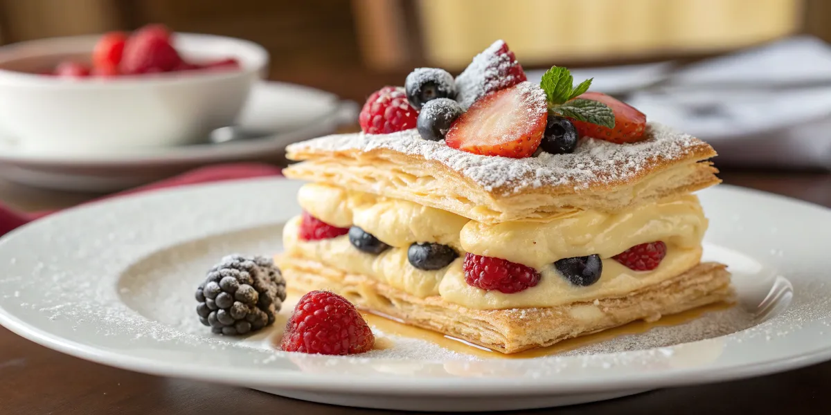 Golden puff pastry dessert filled with custard and topped with fresh berries