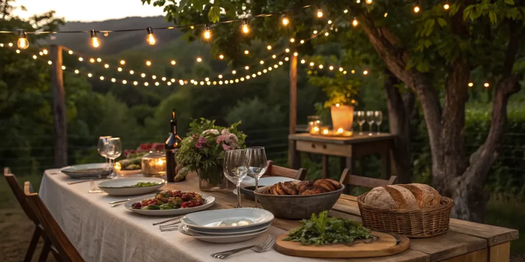 Elegant outdoor dinner party table with gourmet dishes