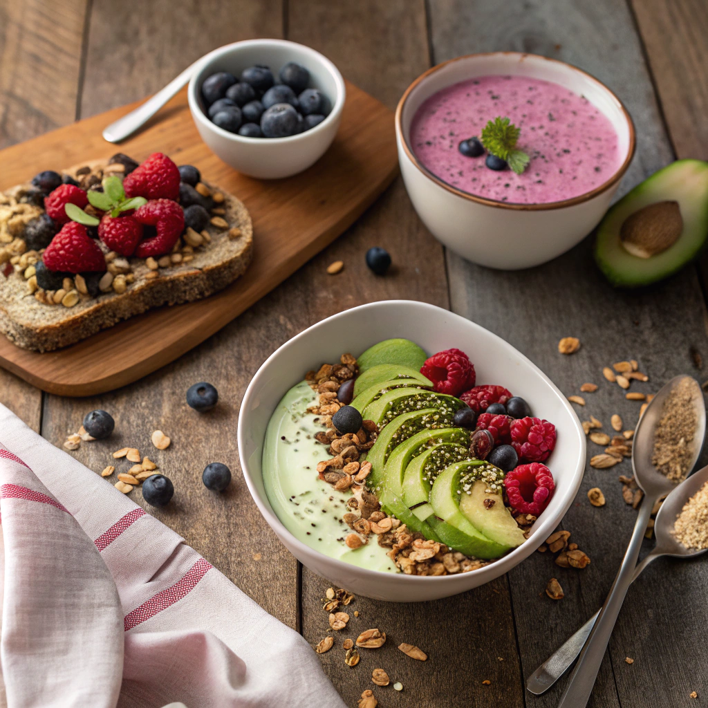 Flat belly breakfast recipes with avocado toast, yogurt, and smoothie bowl