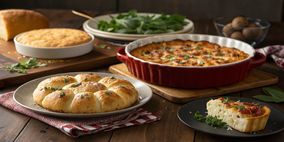 A cozy dinner table featuring Pillsbury crescent rolls, biscuits, and pizza crust dishes.