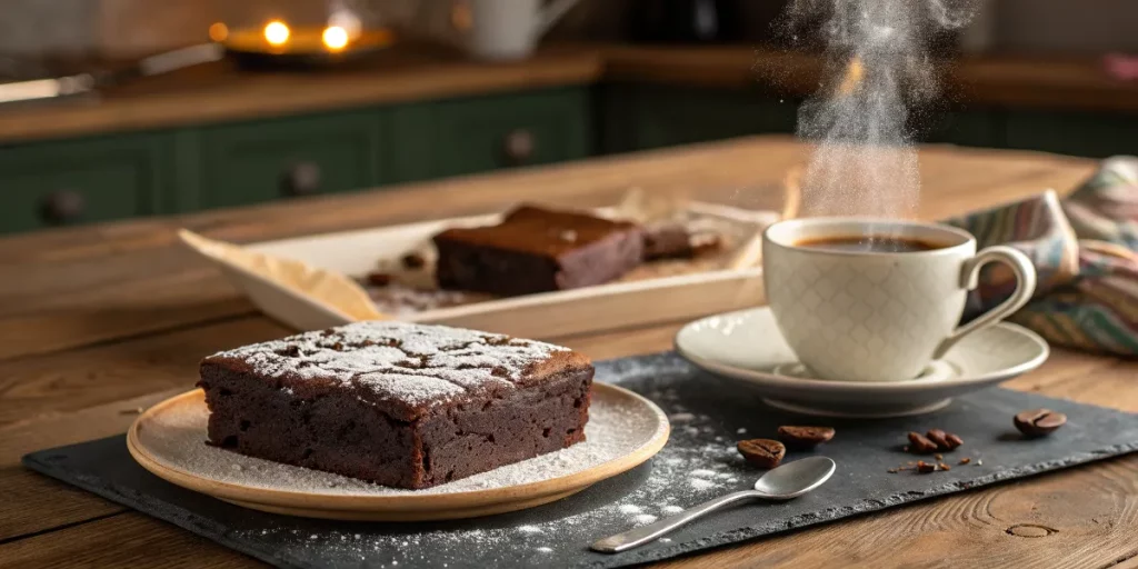 Fudgy chocolate brownie with powdered sugar and coffee