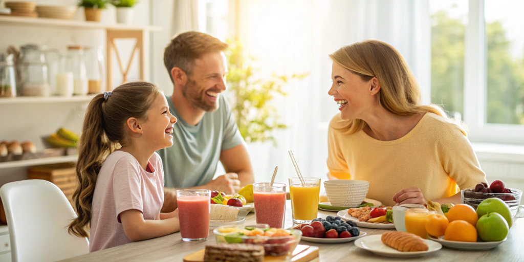A family enjoying breakfast together with smoothies and fruit