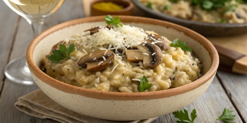 A creamy mushroom risotto garnished with parsley and Parmesan TikTok dinner recipes
