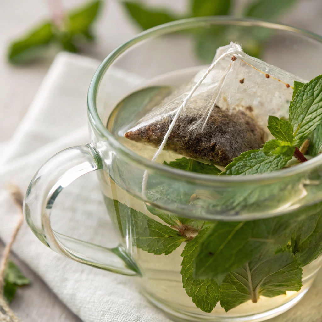 A steaming mug of cold and flu tea with ginger, lemon, and honey.