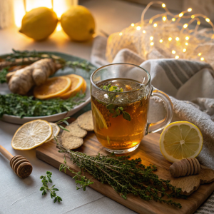 A steaming mug of cold and flu tea with ginger, lemon, and honey