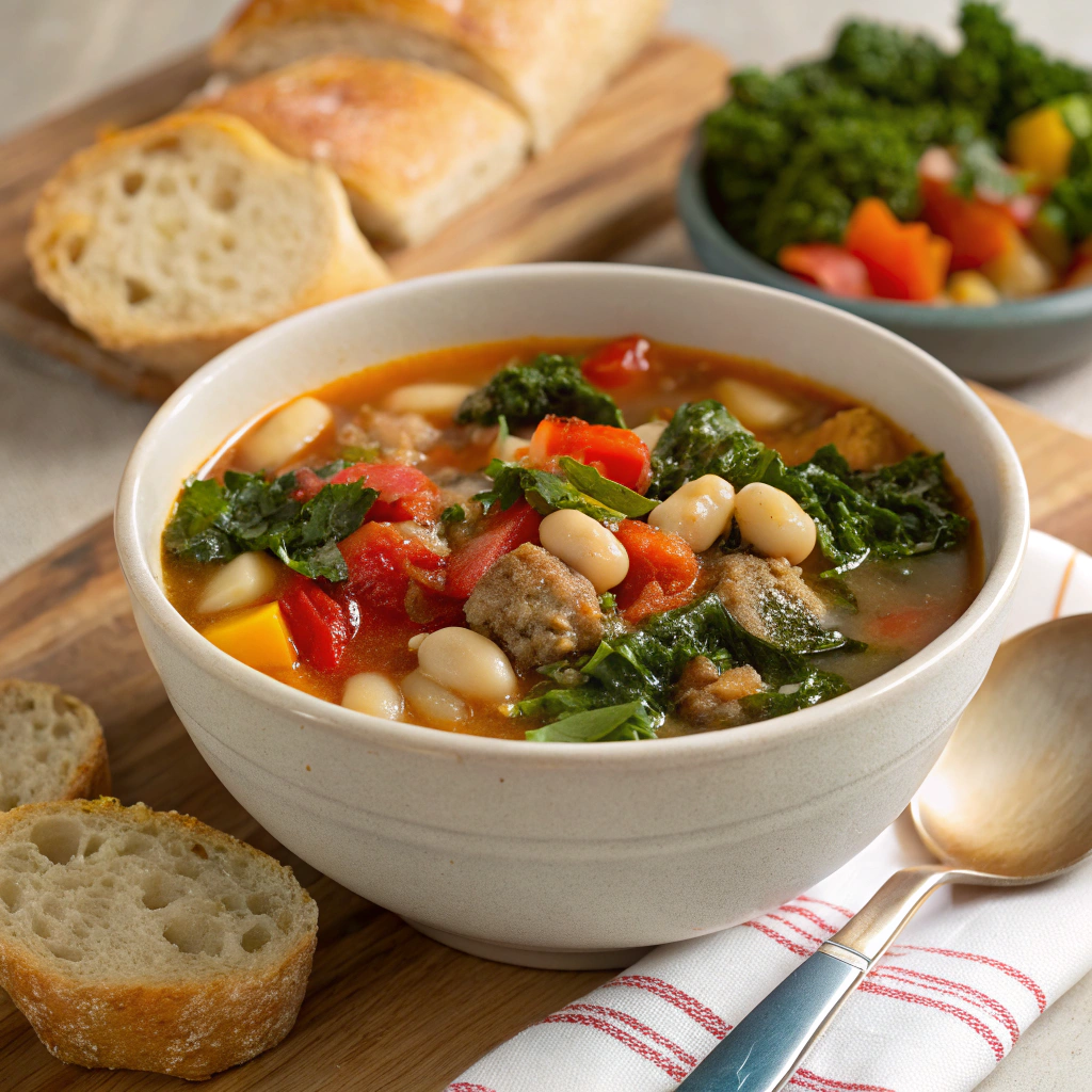 Sausage and kale soup in a bowl