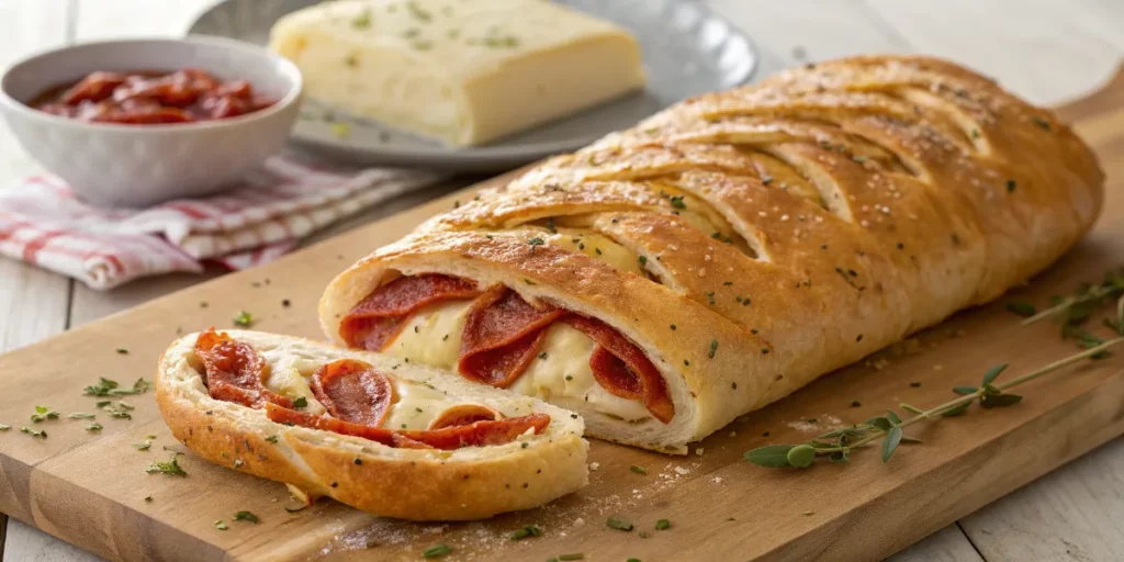 A freshly baked Pepperoni Pizza Braid made with Pillsbury pizza crust.