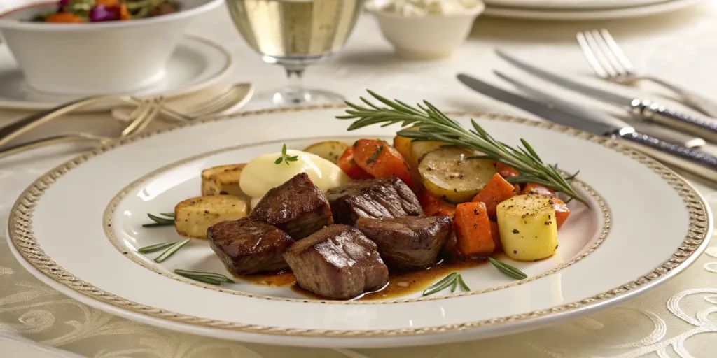 Garlic butter steak bites served with roasted vegetables