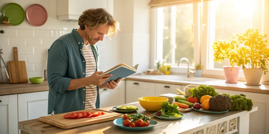 Host flipping through a dinner party recipe book in a bright kitchen