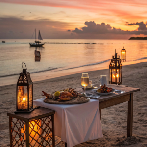 Romantic beach dinner setup with seafood and wine