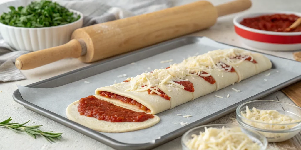 Preparing crescent roll dinner recipes with cheese and sauce