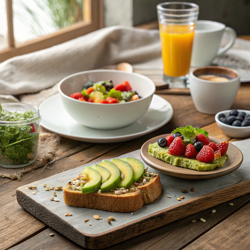 Breakfast spread with halal shot, avocado toast, and fresh fruits.