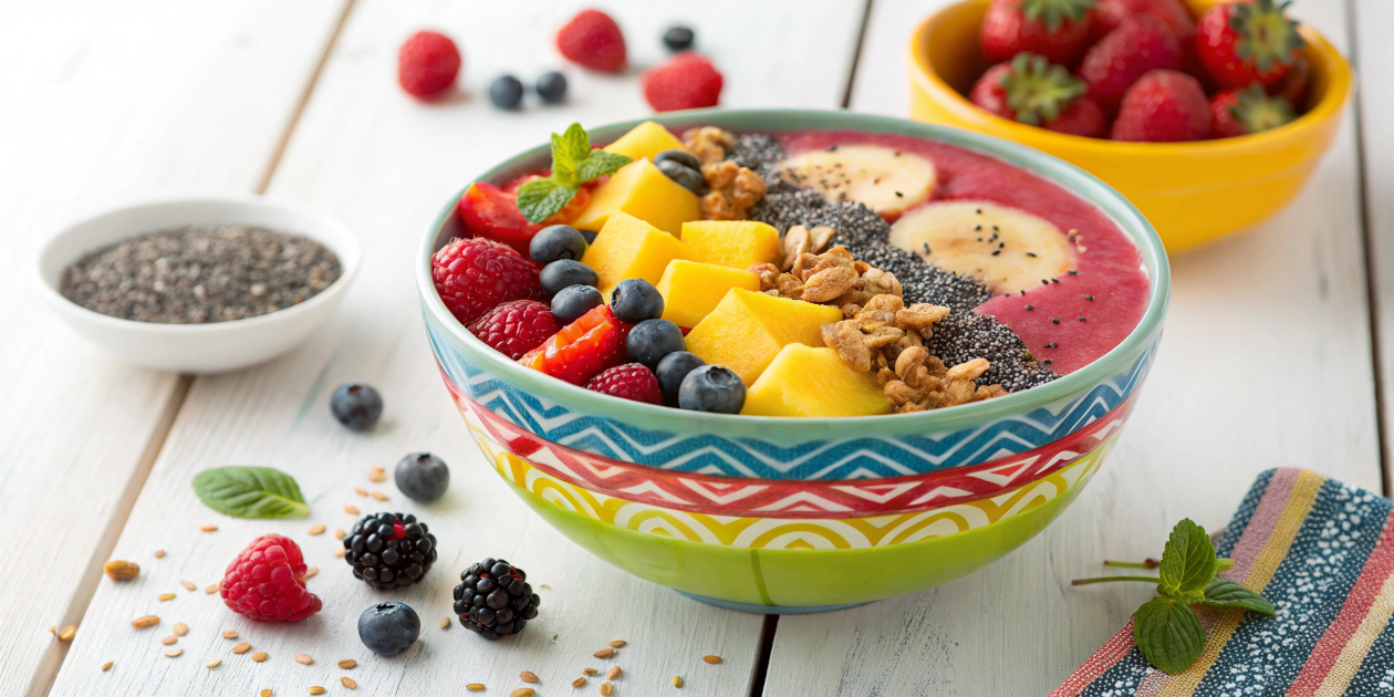 Colorful smoothie bowl with fresh fruit and granola for a healthy breakfast