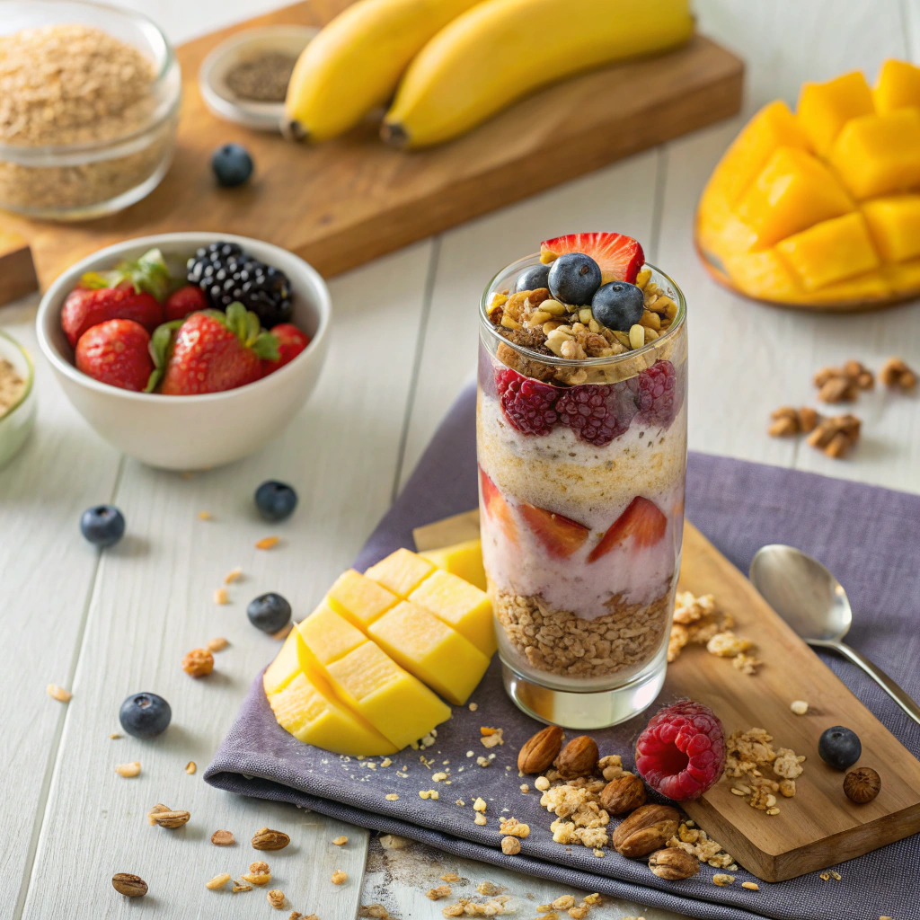 Vibrant breakfast halal shot with fresh fruits and nuts in a glass.