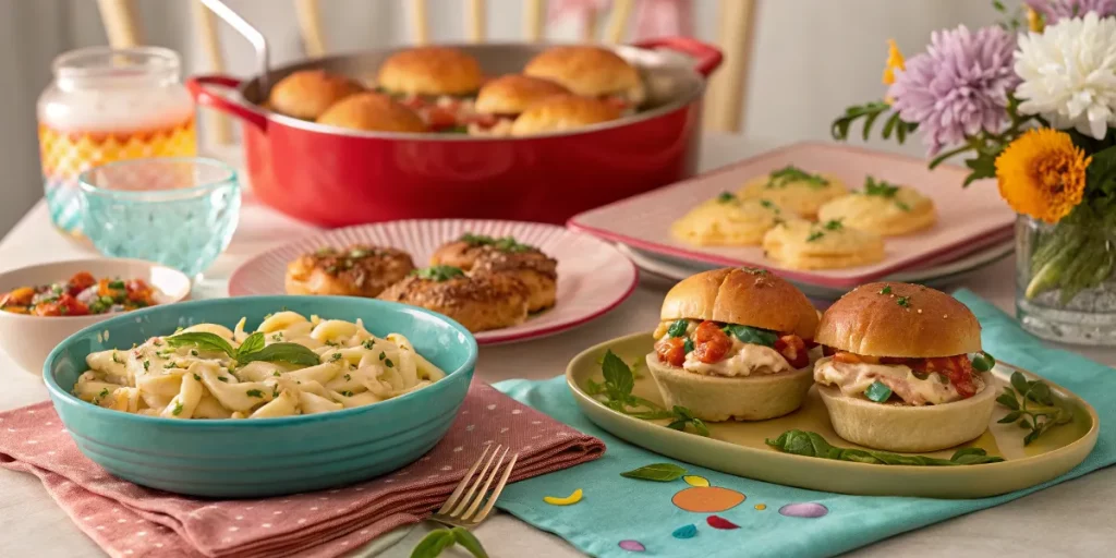 A vibrant dinner table featuring TikTok-inspired recipes like creamy pasta and sliders