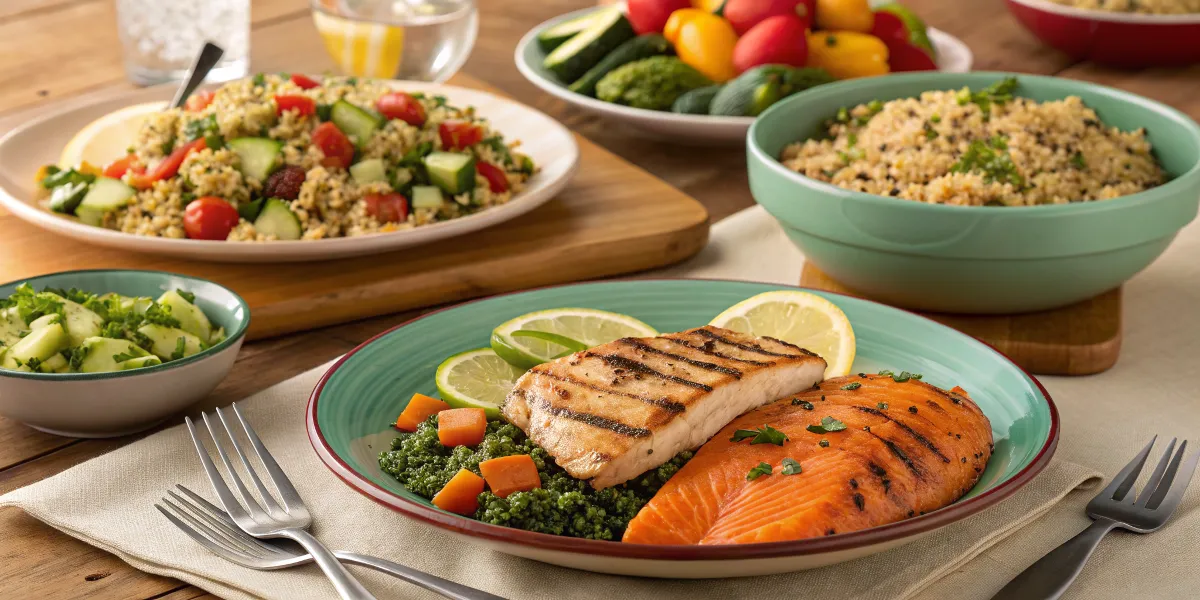 High-protein dinner table featuring grilled chicken, quinoa, and vegetables