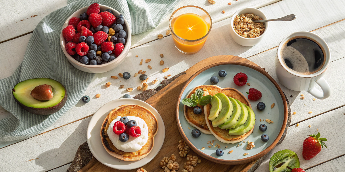 A vibrant breakfast spread featuring pancakes, avocado toast, and yogurt with granola