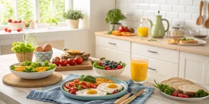 Kidney-friendly breakfast spread with eggs, vegetables, and fruit
