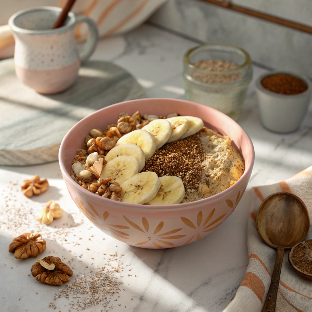 Oatmeal bowl with banana, walnuts, and flaxseeds