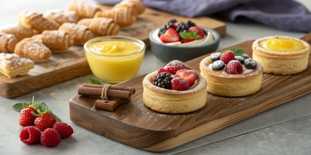 Assorted puff pastry desserts including fruit tarts and cinnamon twists