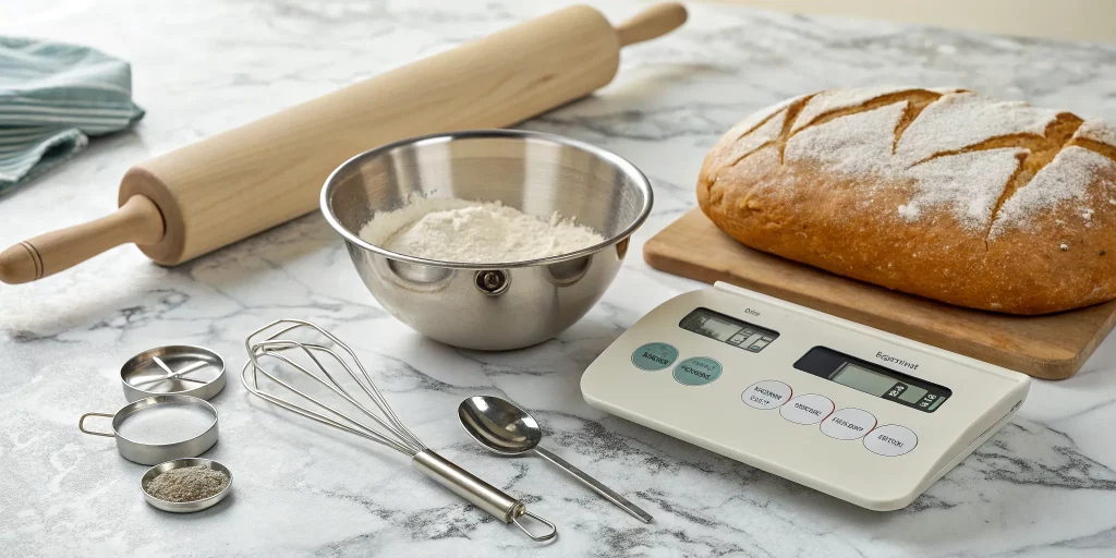 Essential baking tools on a marble countertop with flour dusting
