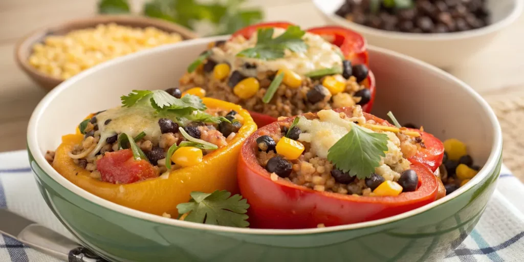 Quinoa-stuffed bell peppers with black beans, corn, and tomatoes