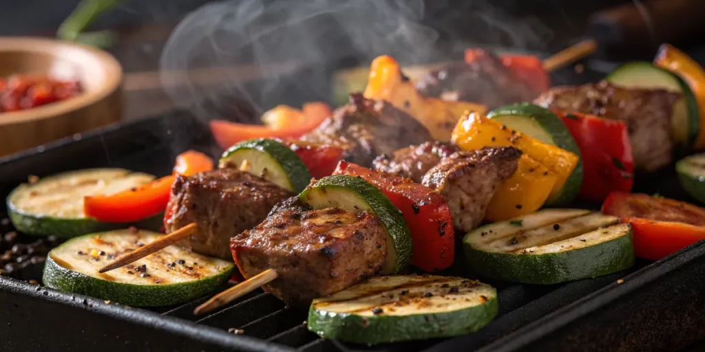 Keto beef kebab grilled with low-carb vegetables