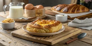 Golden puff pastry breakfast dish served on a rustic table.