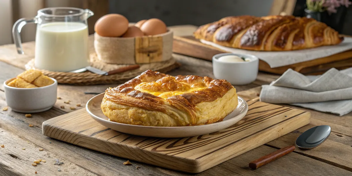 Golden puff pastry breakfast dish served on a rustic table.